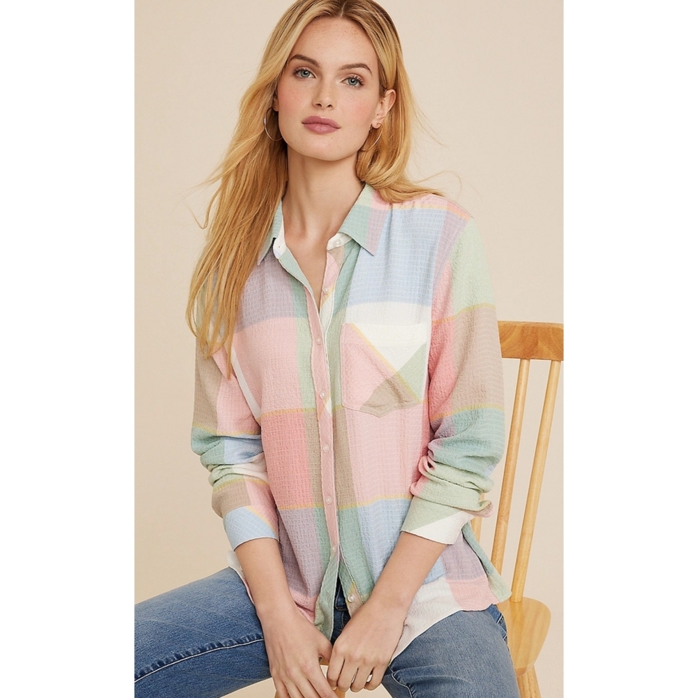 Maurices Pucker Plaid Button Up Shirt Pastel Multicolor Size M